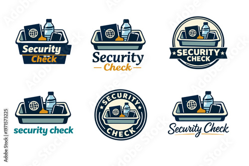 Airport security check icons with passport, bottle, and tray designs