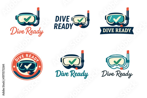 Dive ready snorkeling logo set with goggles and snorkel variations
