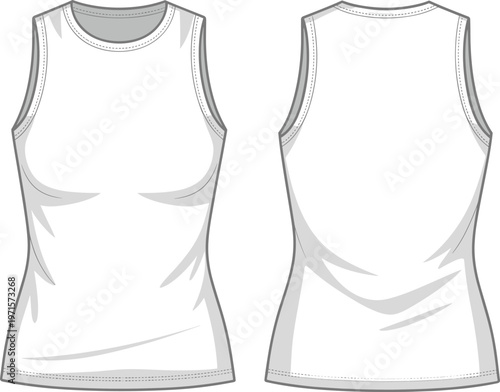 Front and back view of women's white round neck sleeveless tank top.