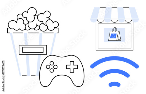 Online shopping, gaming, digital entertainment, e-commerce, streaming services, and retail. Popcorn, gaming controller storefront graphic and wireless symbol. Online shopping and gaming concept
