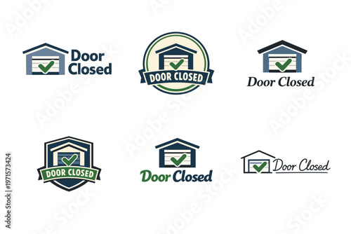 Collection of door closed logos with checkmark symbols in various designs