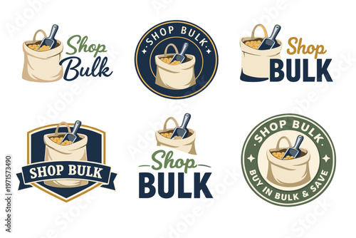 Bulk shopping logos with shopping bags and scoops in various designs