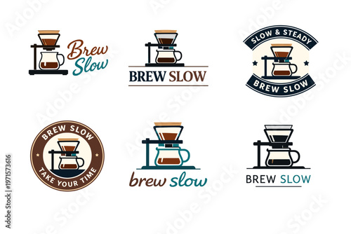 Coffee dripper logo collection with brew slow and take your time text designs