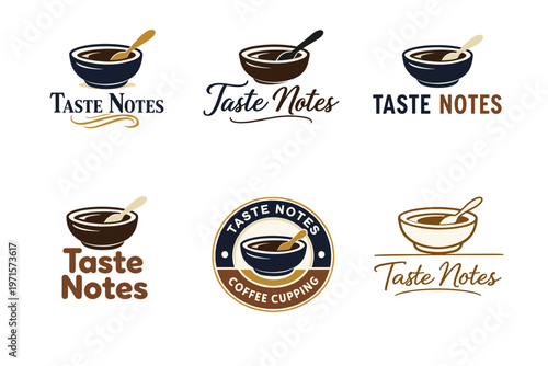 Taste notes logo designs with coffee cups and spoons in various styles