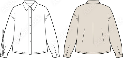 Front and back view of long sleeve collared button up shirt with cuffs and pocket detail.