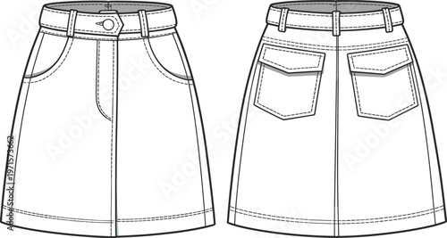 Denim skirt with waistband belt loops front pockets and back pockets fashion illustration.