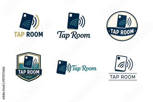 Tap room logos featuring contactless payment icon designs