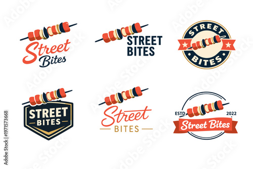 Street bites logos featuring skewered snacks in vintage styles