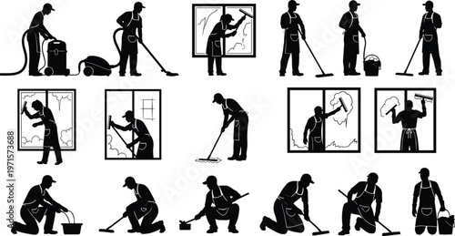 Professional cleaning service workers silhouettes set, janitor activities collection including vacuuming, mopping, window cleaning, maintenance tasks, housekeeping staff icons isolated on white 