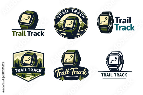 Trail track logo set with watches and mountain landscapes