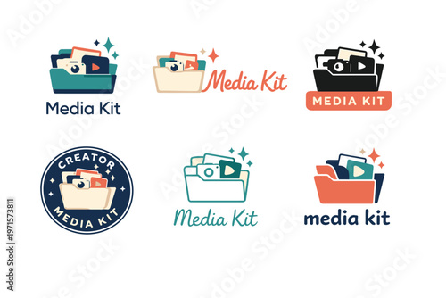 Diverse media kit icon set with folder, camera, and film elements