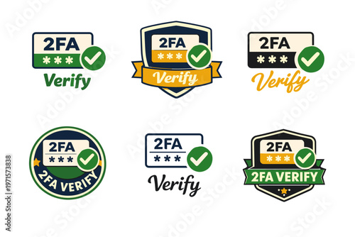 Colorful 2fa verification icon set with checkmarks and stars
