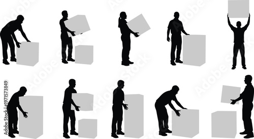 Human cube interaction silhouettes, lifting posture artwork, ergonomic movement vector, handling object design, instructional illustration set, workplace safety graphic composition