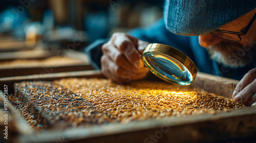 Expert grain quality inspector examining seeds with magnifying glass