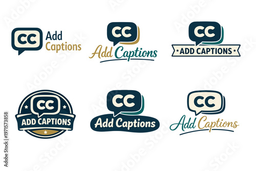 Collection of "add captions" logos with speech bubbles and vintage style