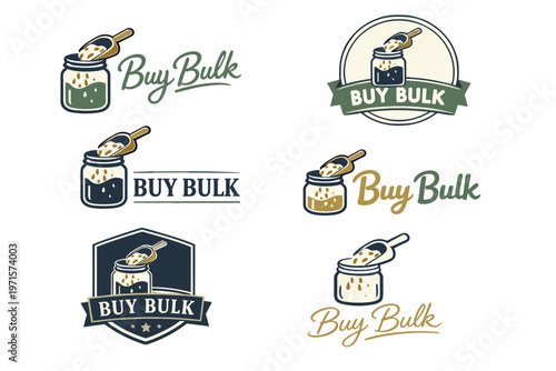 Set of vintage bulk food logos with jars and scoops