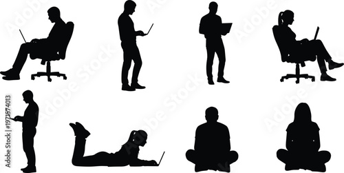 Laptop user silhouettes, modern computing posture artwork, digital work vector, casual technology design, office and home illustration, versatile device graphic set