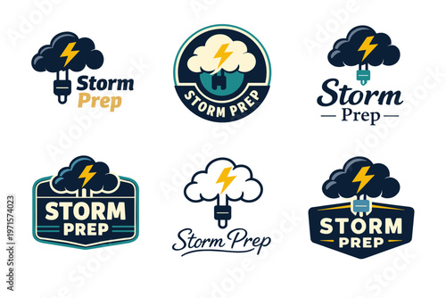 Storm prep logo designs featuring lightning and cloud symbols highlighting weather preparedness