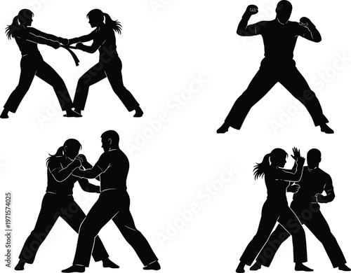 Martial arts silhouettes, self-defense poses illustration, combat training vector, sparring artwork design, fighting stance graphic, physical technique silhouette collection