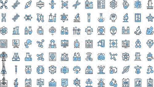Biotechnology and Genetics Line Icon Collection with DNA, CRISPR, Laboratory Equipment, Molecules, Microscopes, and Scientific Research Symbols