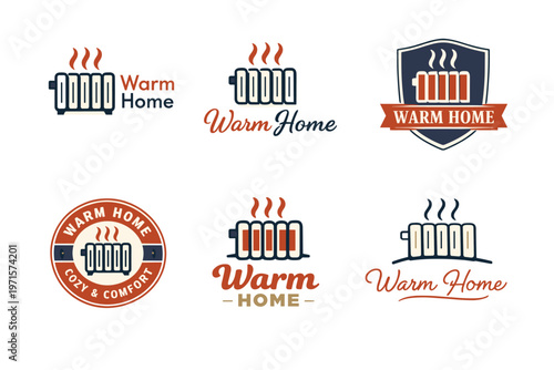 Warm home logo designs featuring retro radiator icon with cozy themes