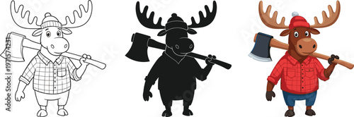 Set of three moose lumberjack characters wearing plaid shirts and hats holding axes, in outline, silhouette, and colorful vector styles.
