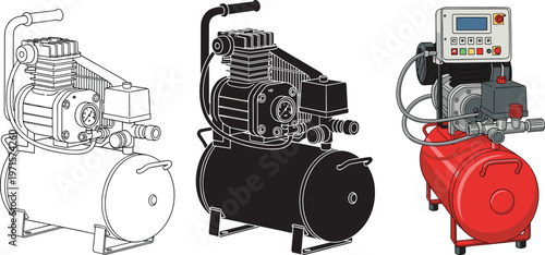Portable air compressor illustration set featuring red industrial style, black silhouette, and line art outline for workshop tools and garage equipment.