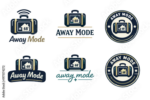 Set of vintage away mode emblems with thermostat and suitcase design elements