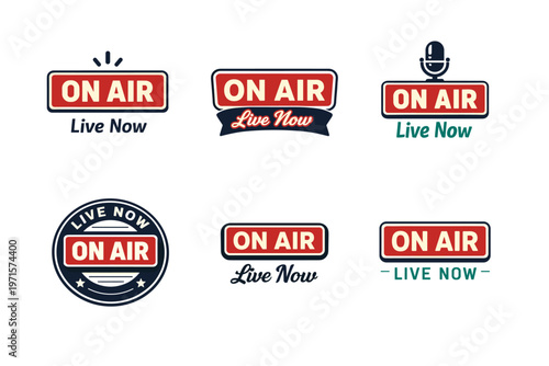 On air live now broadcast icons set with microphone and stars