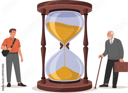 Young man and old man standing near hourglass symbolizing time passing.
