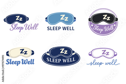 Sleep well eye mask designs with sleep and zzz icons in blue and purple