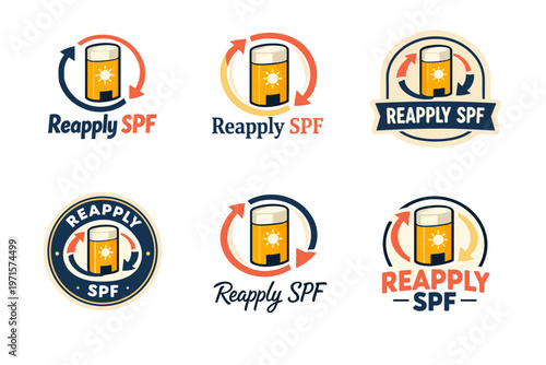 Reapply spf logos: sun protection icons with arrows and sun illustrations