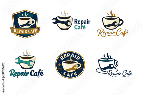 Repair café logo collection featuring coffee mugs and wrenches