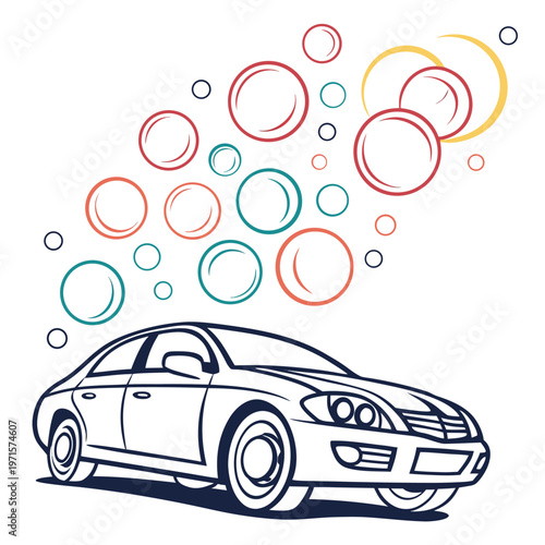 Sedan car with bubbles and circular patterns with car wash with personal transpo