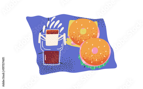 Take out sandwich with salad and cheese, coffee. Homemade snack for a break, picnic, lunch.