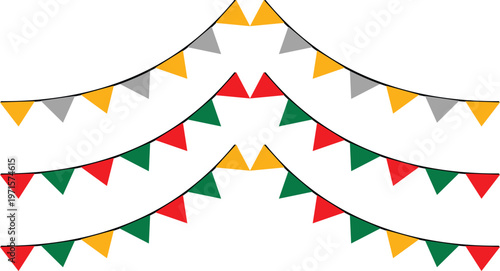 Colorful triangular pennant banners hanging on strings for party decoration and celebration with red green yellow and gray flags