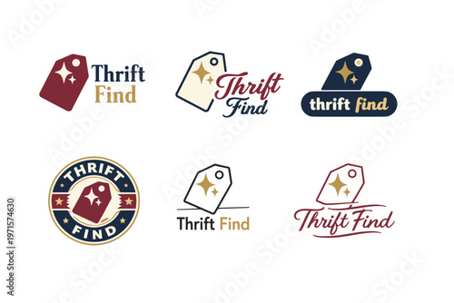 Six stylish thrift find logos with diverse designs and color schemes