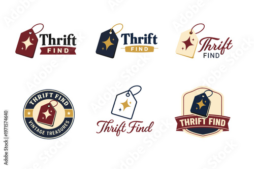 Vintage thrift find logos with tag design in various styles and colors