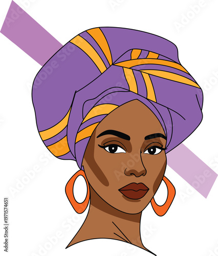 African woman wearing a traditional purple and orange turban with large hoop earrings on a transparent background.