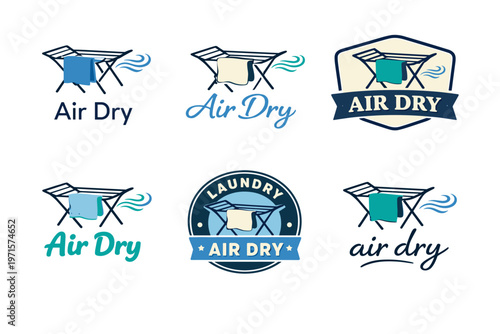 Collection of air dry laundry logos with clothesline and cloth designs