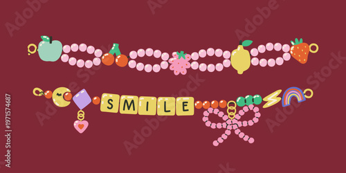 Y2K friendship colorful bracelets. Handmade beaded jewelry with letters, stars, hearts, and plant. Colorful funky nostalgic DIY accessories in retro doodle style.