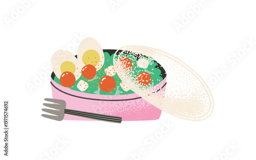 Lunch box with salad with tomatoes, eggs and feta cheese. Homemade takeaway snacks. Healthy food and drinks