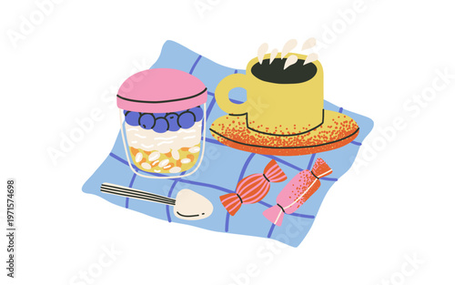 Oatmeal with yogurt and berries, apples and coffee. Healthy food and drinks. Homemade takeaway snacks.