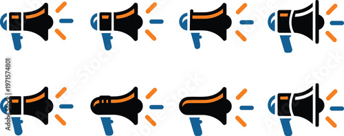 Loudspeaker icons with sound waves on white background for communication and announcement concepts  various megaphone designs