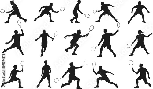 Collection of badminton players in action poses with rackets, black silhouettes on a transparent background.