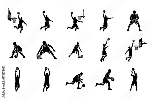 Basketball Player Silhouette Icons Black Flat Vector Set