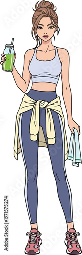 Fit woman in activewear holding a water bottle and towel after a workout with sports 