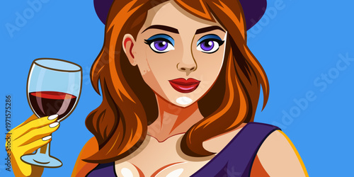 Beautiful attractive young woman holding a glass of wine. Oil painting on canvas.
