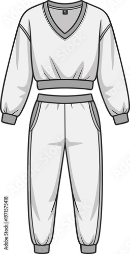 Flat fashion sketch of white cropped sweatshirt and sweatpants.