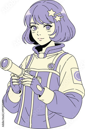 Girl in a purple uniform and gloves, holding a telescope, with purple hair styled with sta